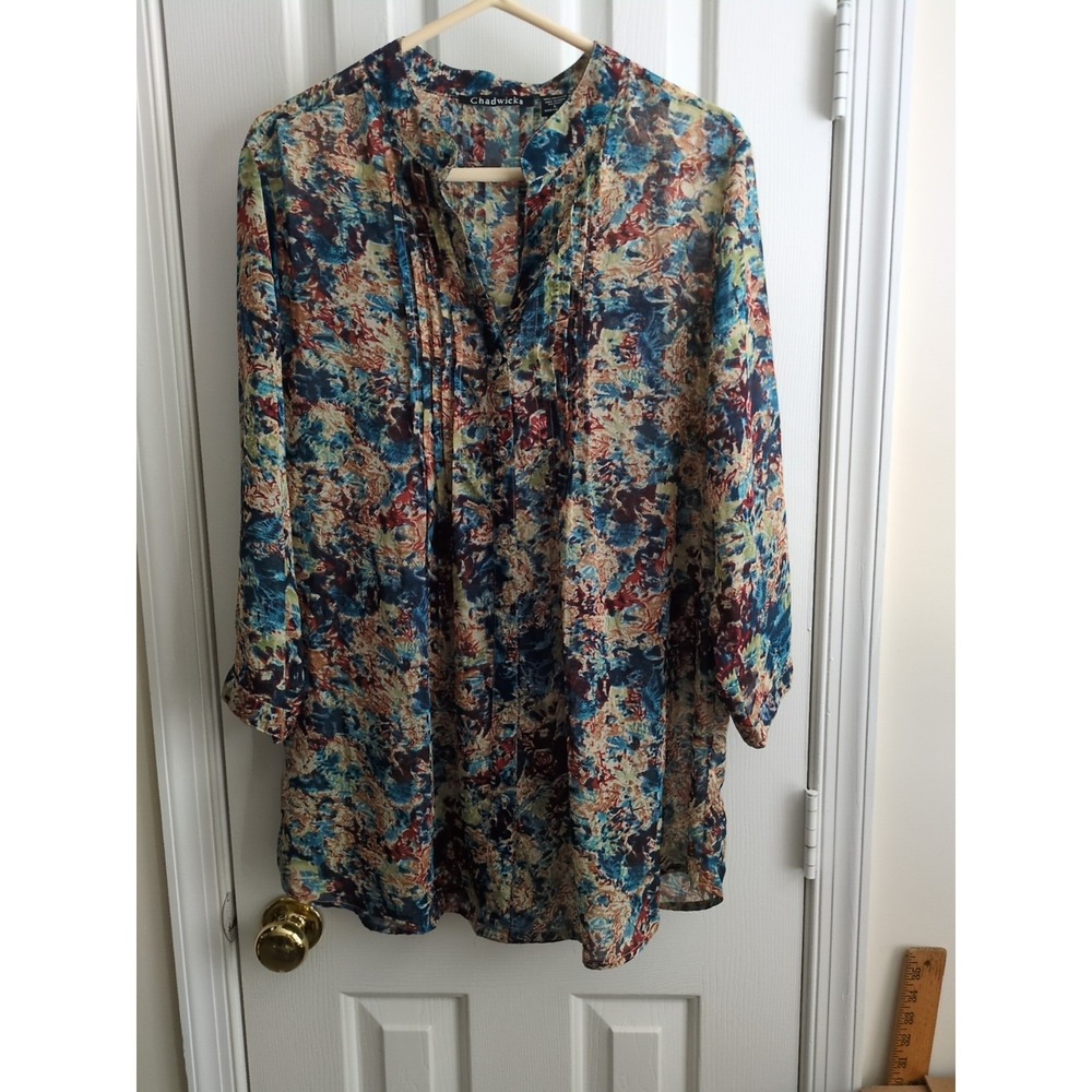 Chadwick' s Women's Floral Multi-Colored Sheer Pleated‎ 3/4 Slv  Blouse Size L